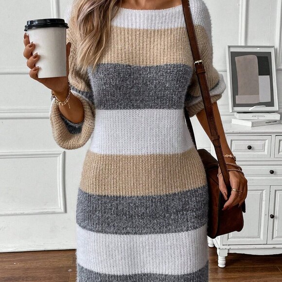 Multicolor Casual Women's Three Colored Sweater Dress With Horizontal Patchwork - Picture 3 of 5